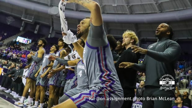 TCU men's basketball's JaKobe Coles with a towel against Alcorn State on November 21, 2023.